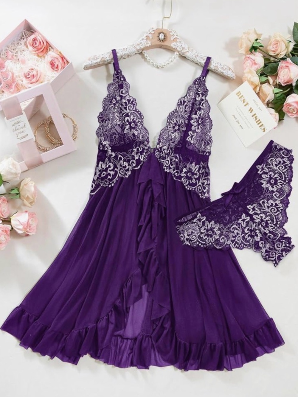 Lace-Accented Purple Babydoll Chemise with Matching Panty